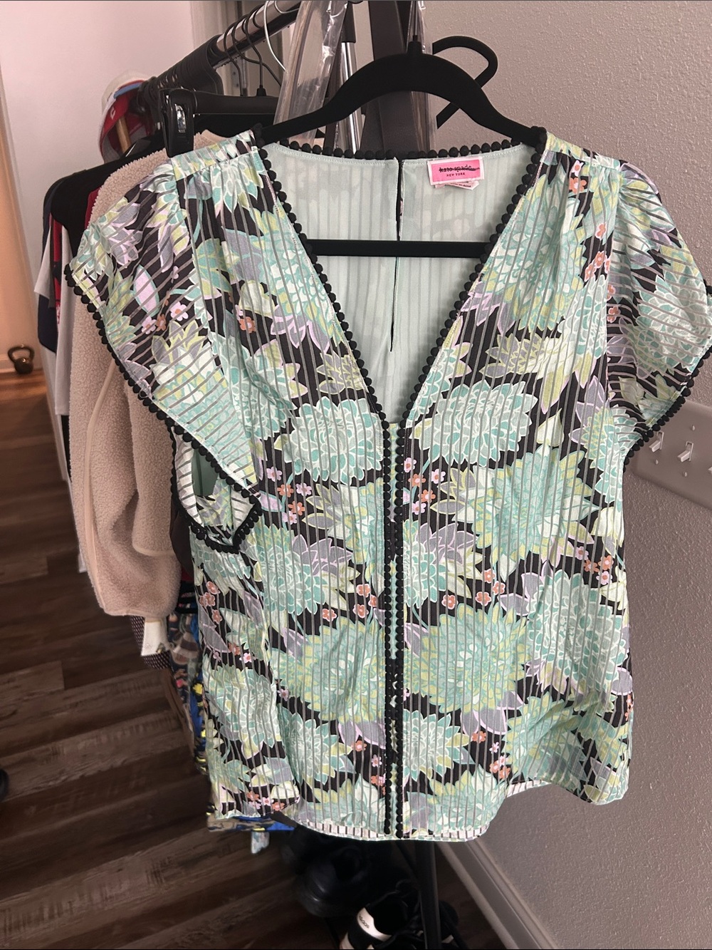Kate Spade Mint Floral V-Neck Cap Sleeve Top